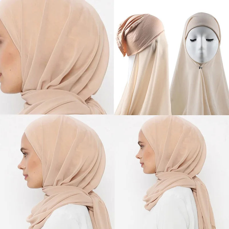 Instant Underscarf Plain Chiffon Hijab With Inner Jersey Moadal Caps