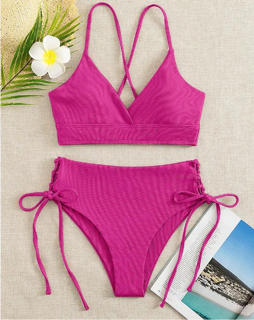 Cikini-V-Neck Split Bikini Set for Women, Sexy Swimsuit, Lace Up,