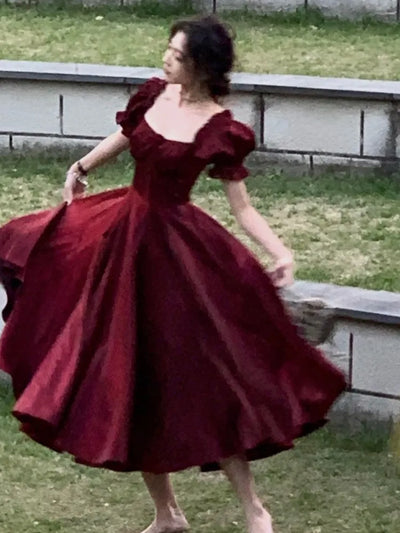 French Vintage Burgundy Evening Party Dress Women 2023 Summer Elegant