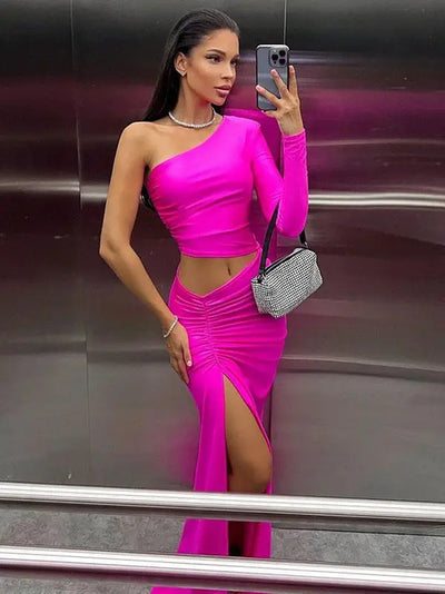 Dulzura Long Sleeve One Shoulder Maxi Dress Cut Out Ruched Slit