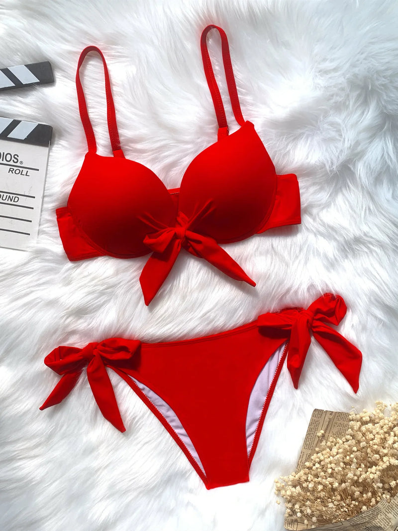 sexy front bow knot push up bikinis two pieces solid swimsuit tie