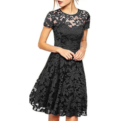Elegant Women Summer Dress O Neck Transparent Lace Hollow Lady Mini