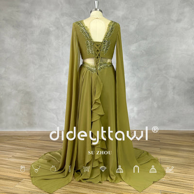 DIDEYTTAWL Real Photos Green Leaf Appliques V-Neck Cut Out Long