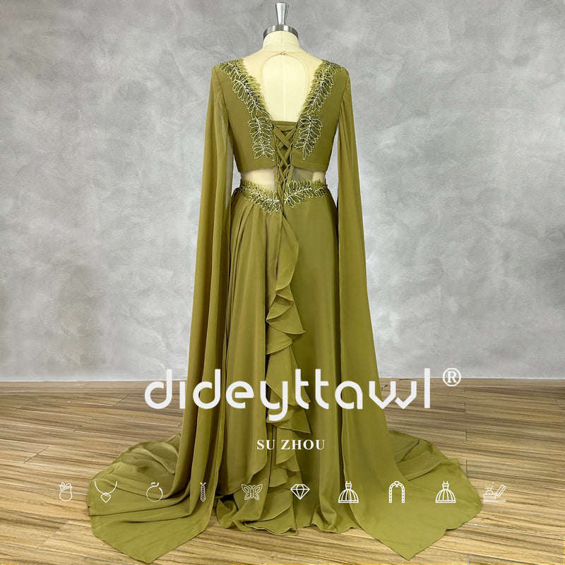 DIDEYTTAWL Real Photos Green Leaf Appliques V-Neck Cut Out Long