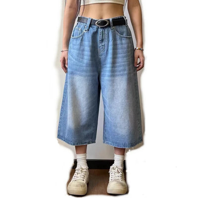 Women's Retro Large Size Denim Shorts Unisex Style Wide Leg Capris