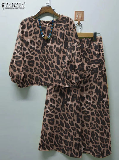 ZANZEA Spring Casual Leopard Printed Suit 3/4 Sleeve O-Neck Blouse