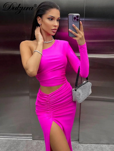 Dulzura Long Sleeve One Shoulder Maxi Dress Cut Out Ruched Slit