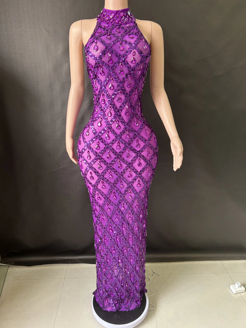 Women Sexy Stage Shining Rhinestone Sequins Dress Evening Prom