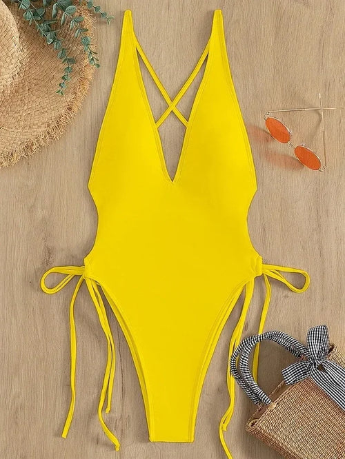 Fashion Solid Deep V Neck One Piece Swimsuit Women Yellow White Hollow