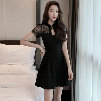Women's Summer Lace Dress Tulle Cheongsam Dresses for Women 2023 Black