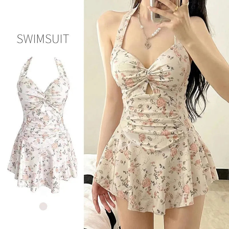 sexy Korean fashion conservative swimsuit one piece floral print