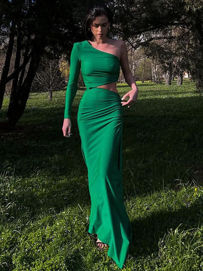 Dulzura Long Sleeve One Shoulder Maxi Dress Cut Out Ruched Slit