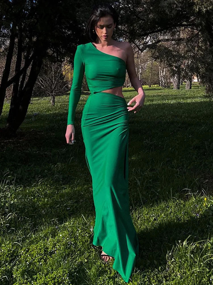 Dulzura Long Sleeve One Shoulder Maxi Dress Cut Out Ruched Slit