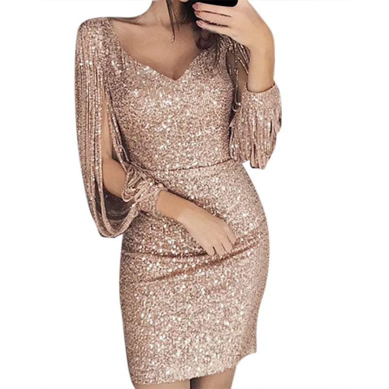 Sexy Sequin Tassel Long Sleeve Dress For Women V-neck Slim Hip Mini