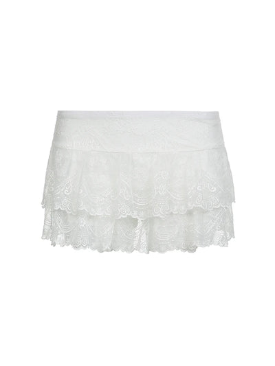 Black Solid Low Waist Tiered Lace Shorts Skirts Womens White Fairycore