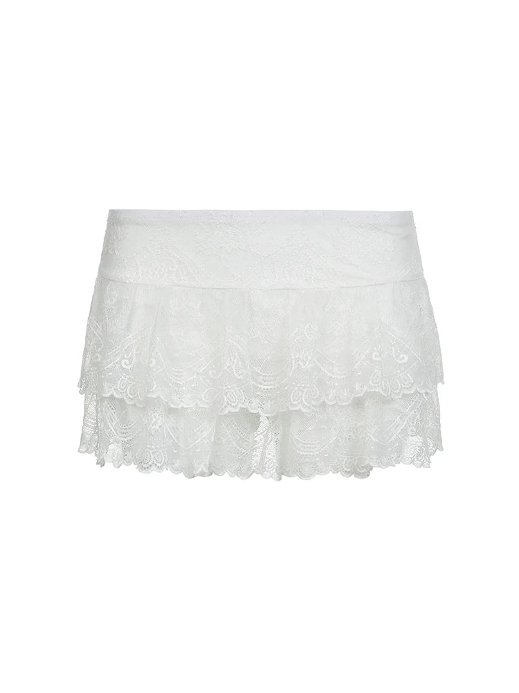 Black Solid Low Waist Tiered Lace Shorts Skirts Womens White Fairycore