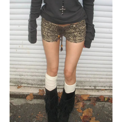 Women's Short LEOPARD Summer High Waist Jeans Y2K Straight Worn-Out