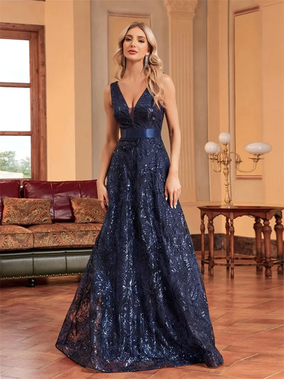 Lucyinlove Luxury Sexy Deep V-Neck Sequins Blue Evening Dresses Women