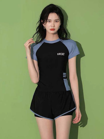 Fashion Women's Swimming Suit Ladies Patchwork Short Sleeve Swimwear