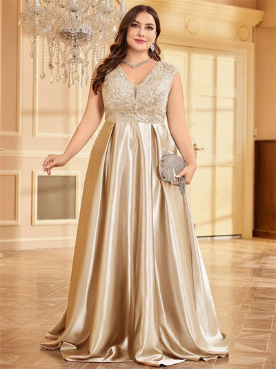 Lucyinlove Plus Size Luxury Gold Satin V-Neck Evening Dress Women