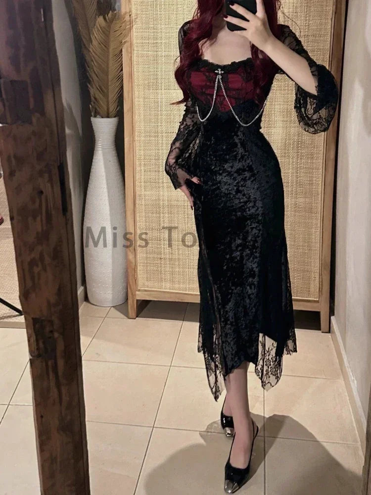 Winter Gothic Grunge Y2k Lace Dress Women Dark Academia Sexy Slim