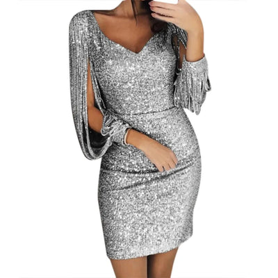 Sexy Sequin Tassel Long Sleeve Dress For Women V-neck Slim Hip Mini