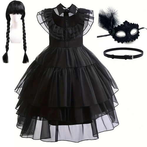 Weirdo Family Gothic Black Ball Gown for Girls Ruffled Prom Dress