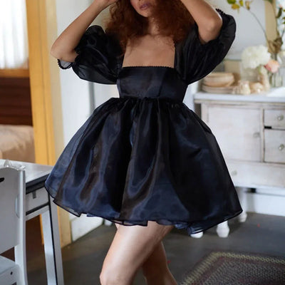 Summer Women Puff Sleeve Tulle Tutu Princess Mini Dress Square Collar