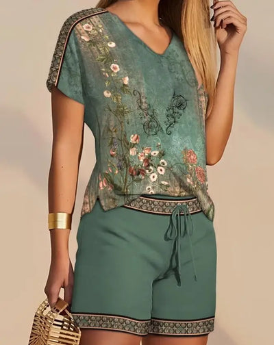 Elegant Two Piece Sets Women Outifits Casual Short Sleeve Floral