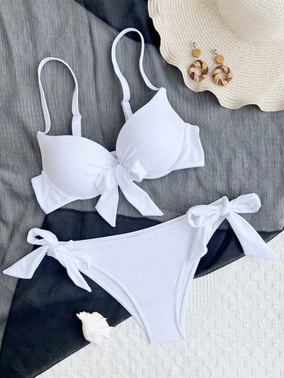 sexy front bow knot push up bikinis two pieces solid swimsuit tie