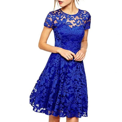 Elegant Women Summer Dress O Neck Transparent Lace Hollow Lady Mini