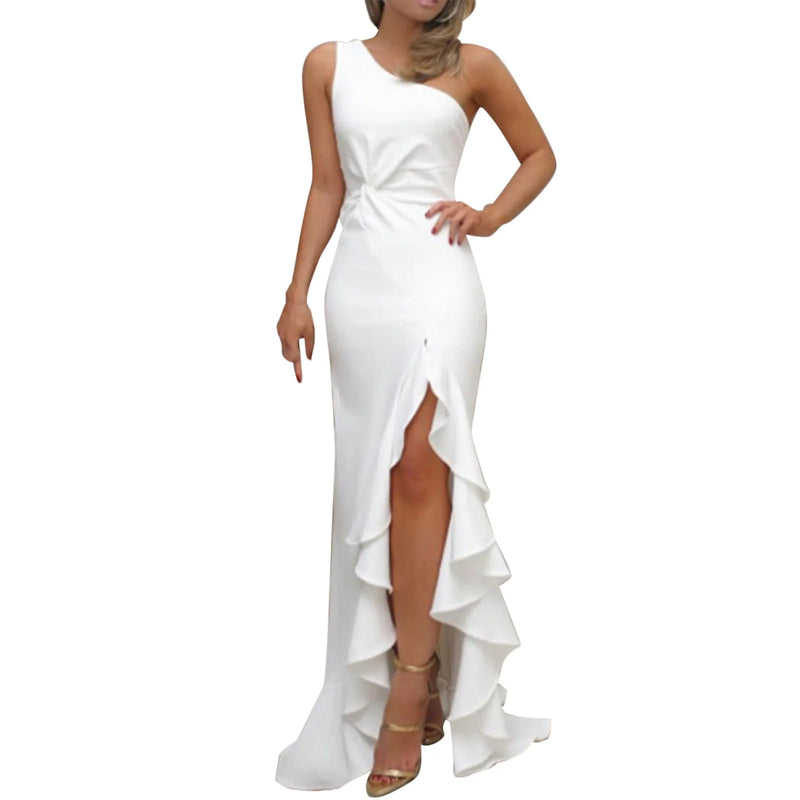 Party Dress 2024 Hot One Shoulder Ruched Ruffle Formal Dress Soild