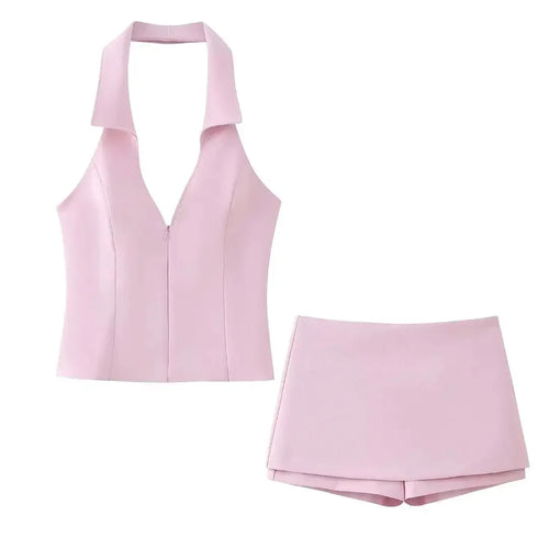 Fashion pink shorts set for women sexy V neck sleeveless tops female