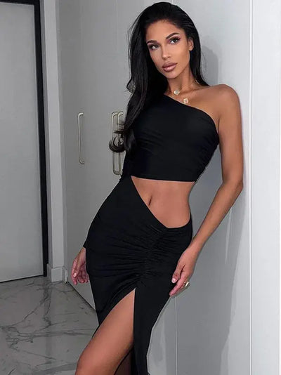 Dulzura Long Sleeve One Shoulder Maxi Dress Cut Out Ruched Slit