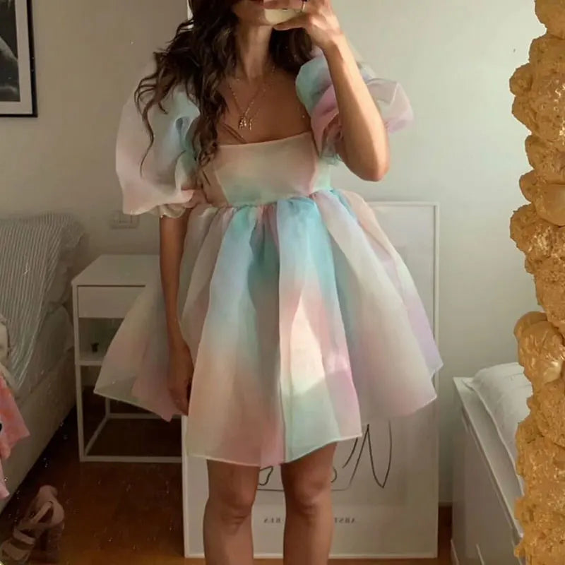 Summer Women Puff Sleeve Tulle Tutu Princess Mini Dress Square Collar