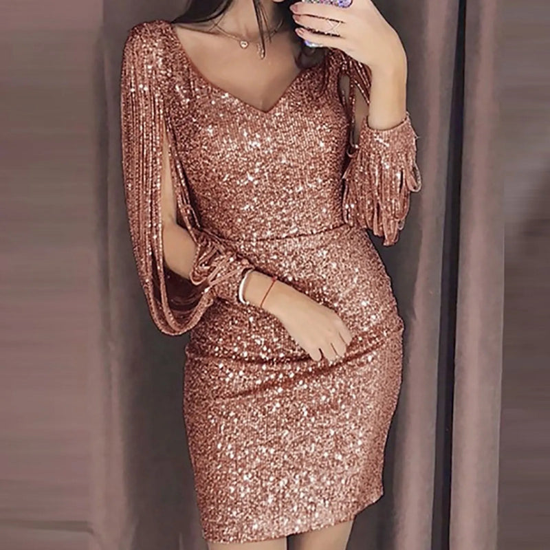 Sexy Sequin Tassel Long Sleeve Dress For Women V-neck Slim Hip Mini