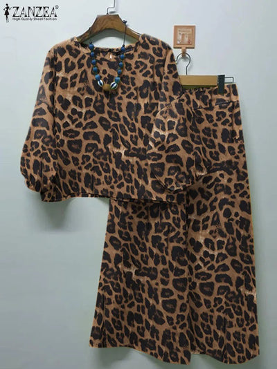 ZANZEA Spring Casual Leopard Printed Suit 3/4 Sleeve O-Neck Blouse