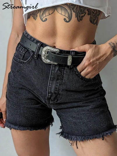 Streamgirl Blue Women's Denim Shorts Summer High Waist Casual Chic