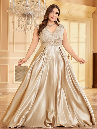 Lucyinlove Plus Size Luxury Gold Satin V-Neck Evening Dress Women