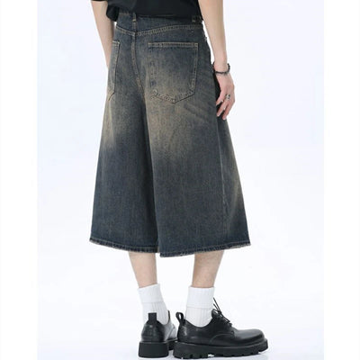 Women's Retro Large Size Denim Shorts Unisex Style Wide Leg Capris