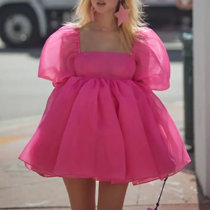 Summer Women Puff Sleeve Tulle Tutu Princess Mini Dress Square Collar