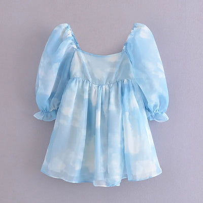 Summer Women Puff Sleeve Tulle Tutu Princess Mini Dress Square Collar