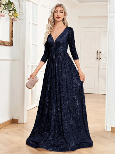 Lucyinlove Luxury V Neck Long Sleeves Blue Sequins Formal Evening