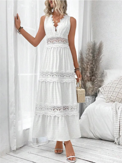 Women's White Party Dress Fashion Lace V-neck Ruffle Hook Flower