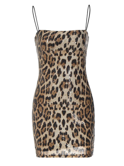 Leopard Print Sequins Slip Sleeveless Sexy Slim Maxi Prom Dress Summer