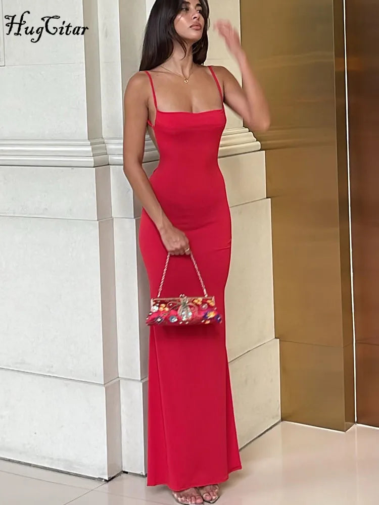 Hugcitar 2024 Spring Solid Sleeveless Backless Elegant Sexy Bodycon