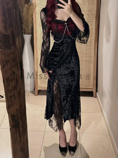 Winter Gothic Grunge Y2k Lace Dress Women Dark Academia Sexy Slim