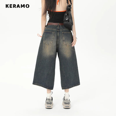 Vintage Streetwear Women Jeans 2024 Summer Loose Male Wide Leg Knee