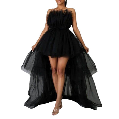 Hot Sale Elegant Womens High Low Tulle Dress Strapless Solid Color