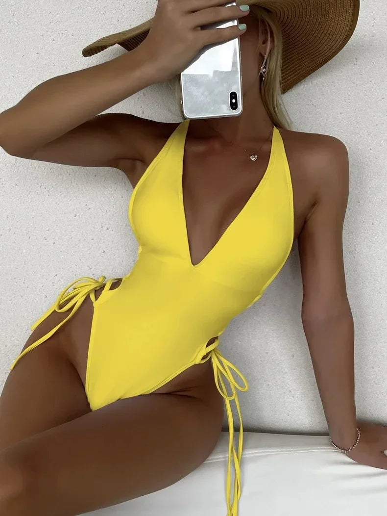 Fashion Solid Deep V Neck One Piece Swimsuit Women Yellow White Hollow